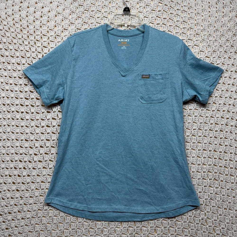 Ariat Rebar T-Shirt Women's Size Large Aqua Blue V-Neck Short Sleeve Western T